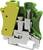 A cross-section of an electrical terminal block showing green and yellow coverings and internal mechanical components.
