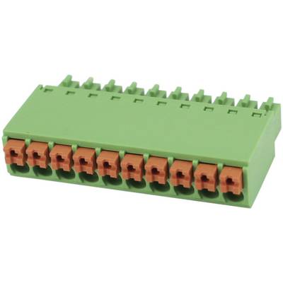 Green connector block with ten orange terminal clamps, typically used for electrical connections in devices or switching systems.