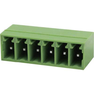 Green, rectangular connector with five open ports. Suitable for electrical connections in electronic devices.