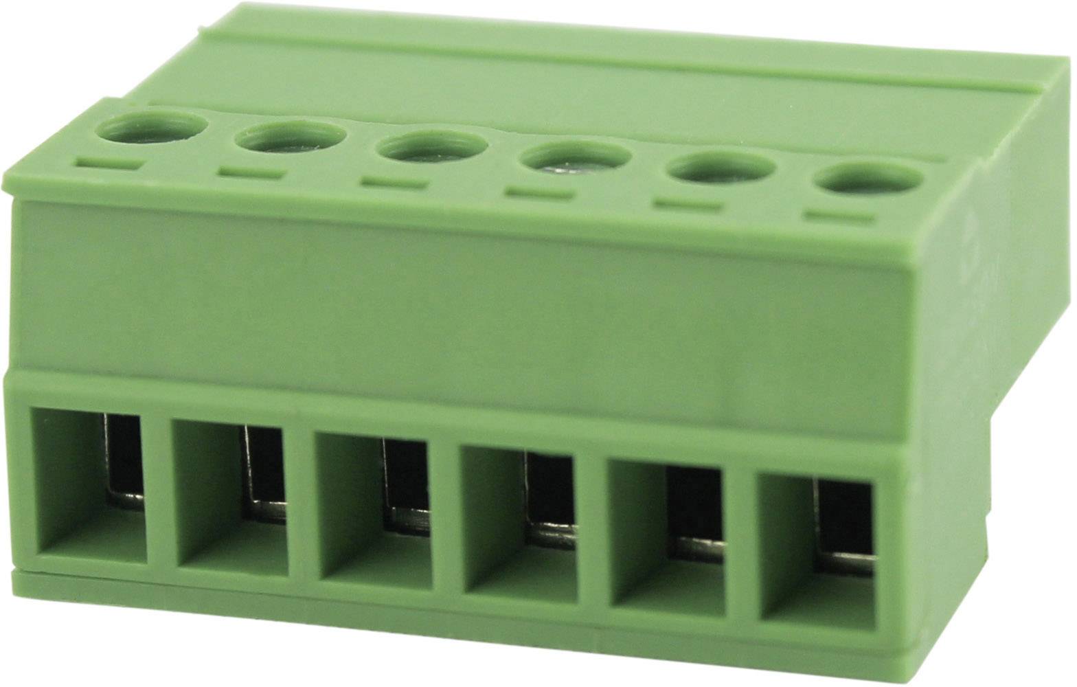 Green plastic connector with six openings for receiving pins, used in electronic circuits.