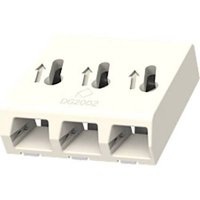 A white plastic connector with three openings and arrow symbols, marked with 'DG2002', for electrical connections.
