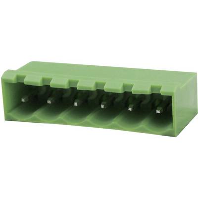 Green multi-socket electrical connector, showing the front side with exposed contacts.