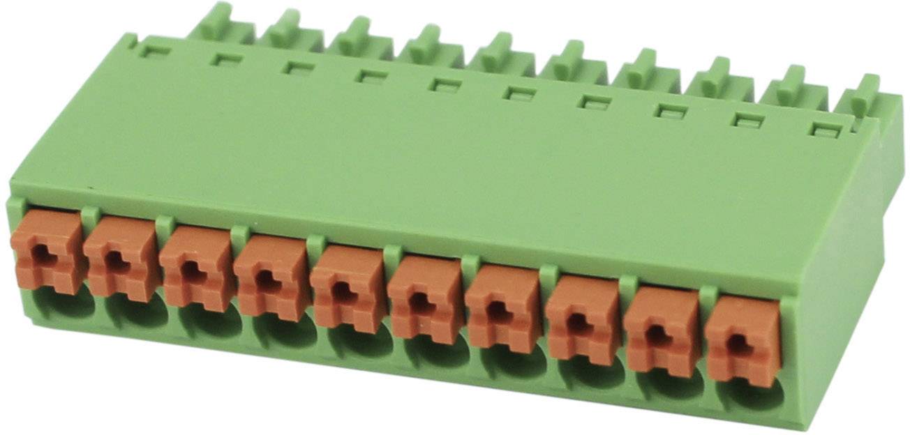Green plug-in terminal block with ten orange terminals, used for wiring in electrical devices and control cabinets.