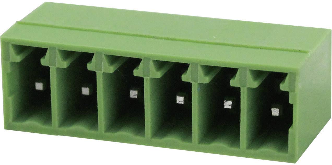 A green, rectangular connector with five square socket slots, suitable for electrical connections.