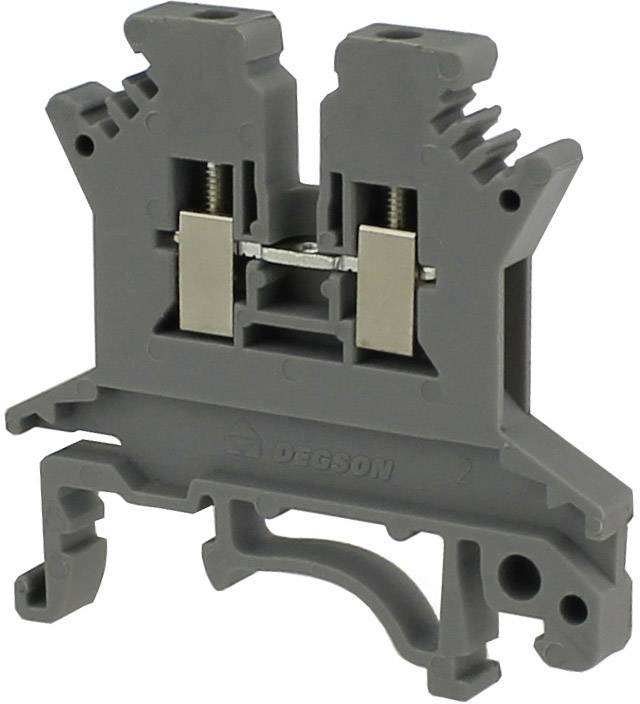 Grey, two-pole terminal block made of plastic with metal connections, suitable for electrical cable connections in control cabinets.
