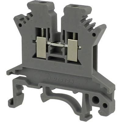 Grey, two-pole terminal block made of plastic with metal connections, suitable for electrical cable connections in control cabinets.