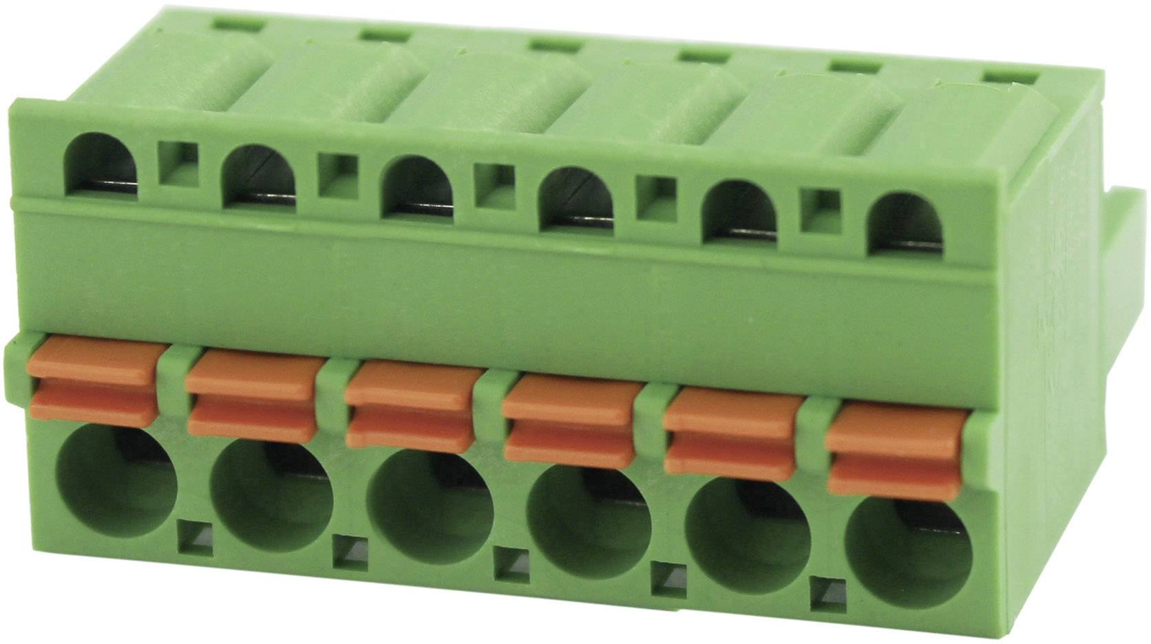 Green plug-in terminal block with six connection holes, five of which are closed with orange levers. Suitable for electrical connections.