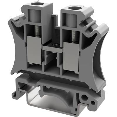 Industrial terminal block made of grey plastic with two screw connections and a metal rail at the bottom. Used for electrical connections.