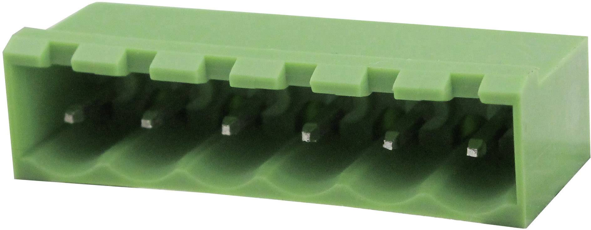 A green, six-pole connector housing with pin rows, suitable for electrical connections and control systems.