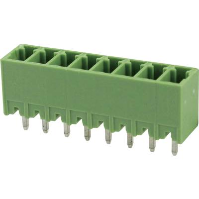 A green connector with eight metal pins, used for electrical connection of devices on printed circuit boards.