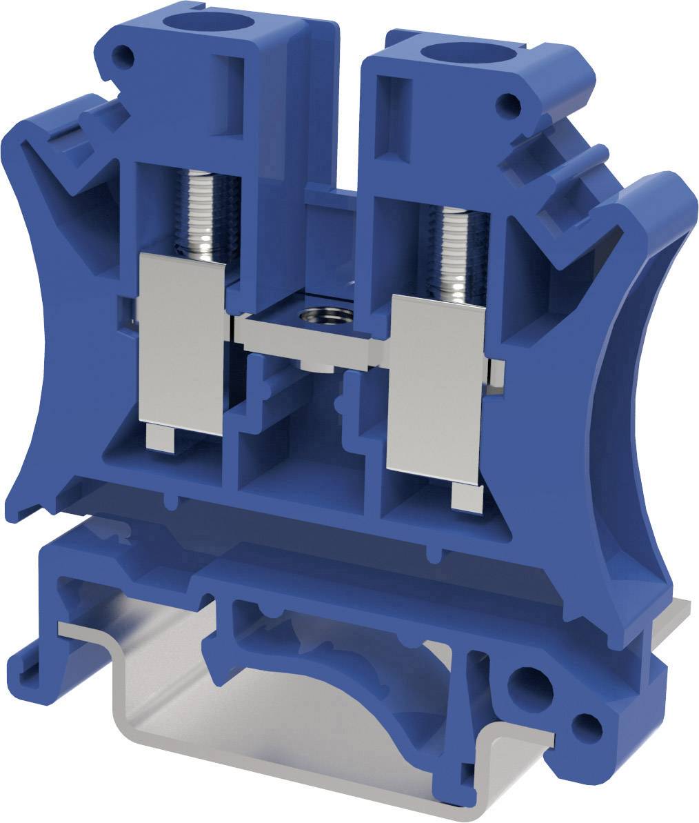 Electrical connection block in blue with silver terminals, mounted on a DIN rail. Used for secure electrical connections.
