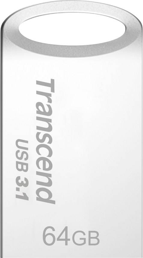 USB drive with print 'Transcend USB 3.1', capacity '64GB'. Silver, slim design with large, oval hole at the top end.