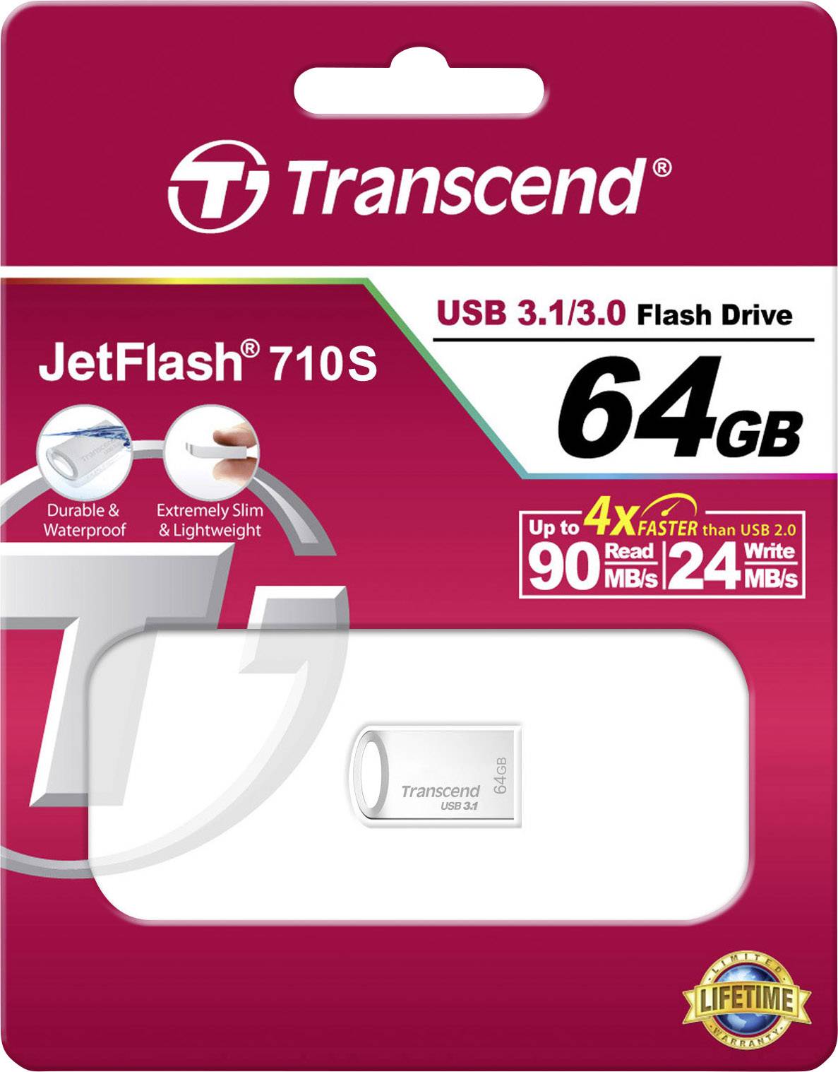 Transcend JetFlash 710S USB Flash Drive with 64GB, USB 3.1/3.0, up to 90 MB/s Read, 24 MB/s Write, durable and water-resistant.