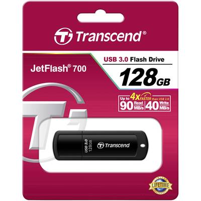 USB 3.0 Flash Drive, 128 GB, Transcend JetFlash 700, up to 4x faster than USB 2.0, 90 MB/s read, 40 MB/s write.