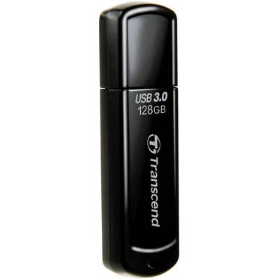 A black USB stick with the inscription 'USB 3.0 128 GB Transcend'.