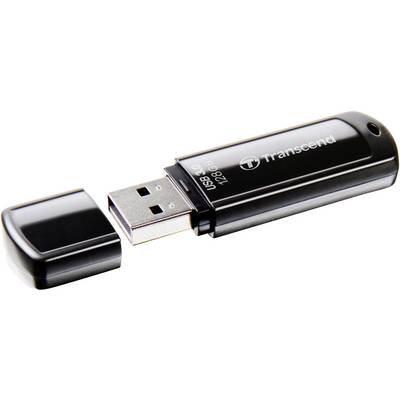 A black USB stick with its cap removed. Printed information: 'Transcend', 'USB 3.0', '128 GB'.