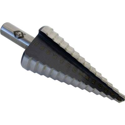 Metal stepped drill bit with engraved diameters from 4 to 32 mm, used for drilling holes of varying sizes.
