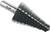Metal step drill bit with progressively increasing diameters, used for drilling various hole sizes in materials.