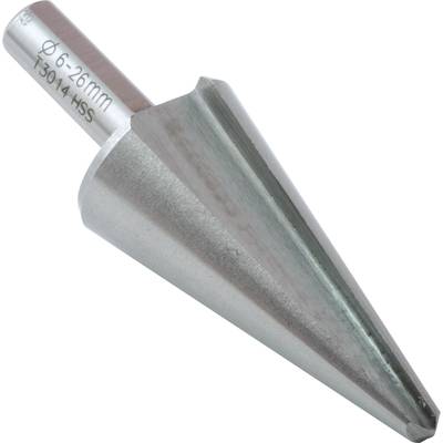 A conical stepped drill bit made of metal, marked with 'Ø 6-26mm T3O14 HSS', for drilling holes of varying diameters.