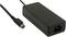 Black laptop power adapter with cable and rectangular adapter. Adapter has power socket and cable with round plug.