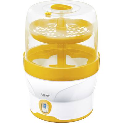 An electric baby bottle steriliser in yellow and white. It has a transparent lid and space for multiple bottles.