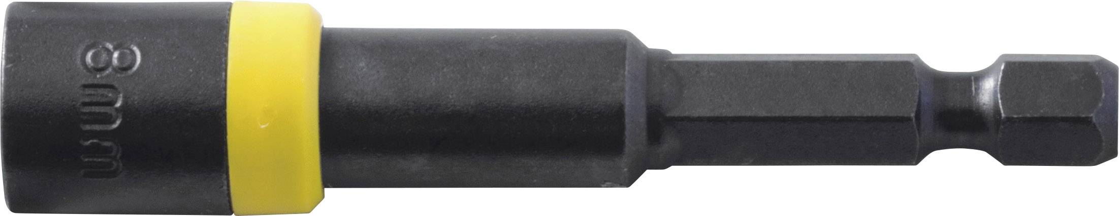 Hexagonal bit attachment with 8 mm key width and yellow ring, suitable for screwdrivers and drills.