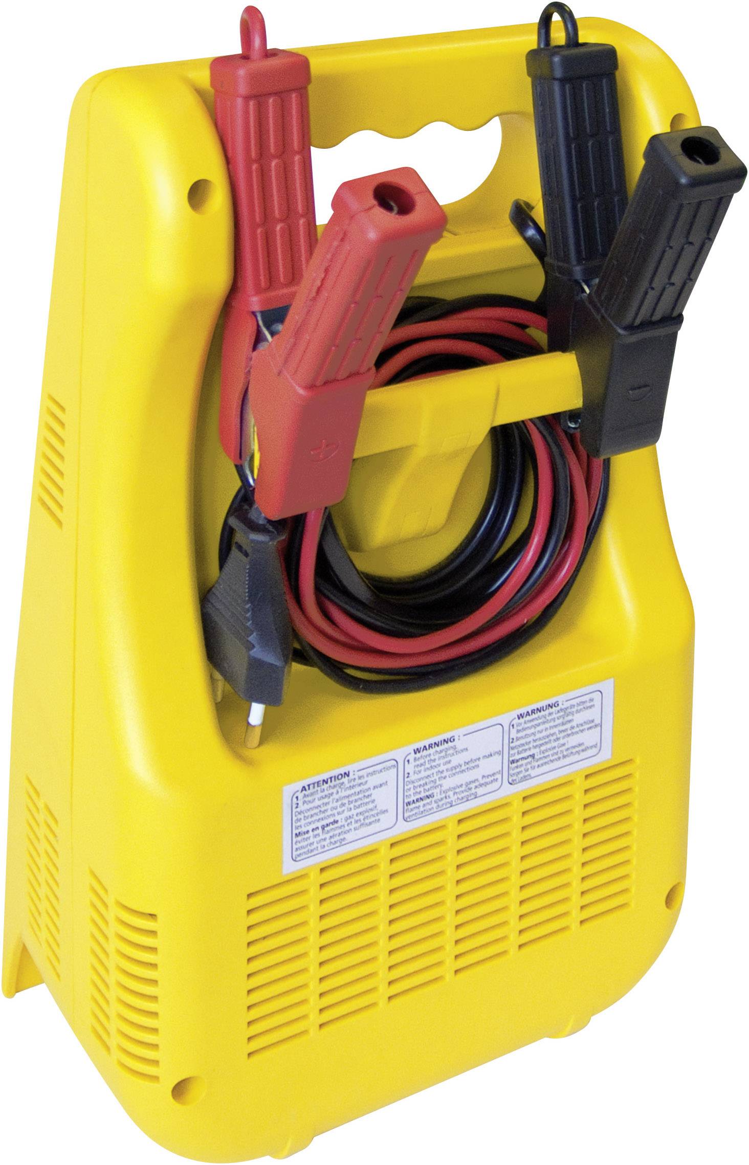 A yellow vehicle jump starter with red and black cables, used for starting vehicle batteries.