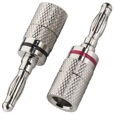 Two banana plugs with a ribbed metal surface, one with a black ring, the other with a red ring for identification.