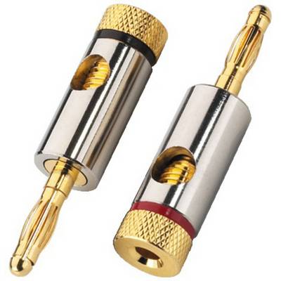 Two banana plugs in silver with gold contact pins, one with a red ring and one with a black ring for speaker connections.