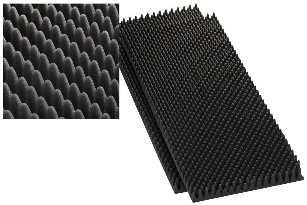 Black sound-absorbing acoustic panel with pyramidal protrusions for sound insulation in rooms.
