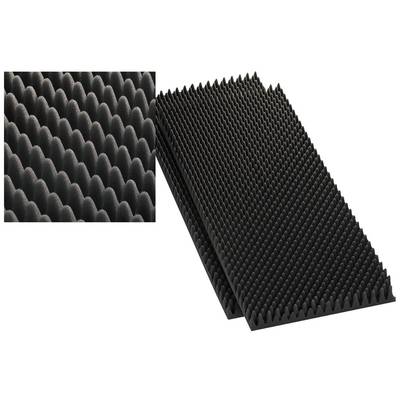 Black sound-absorbing acoustic panel with pyramidal protrusions for sound insulation in rooms.