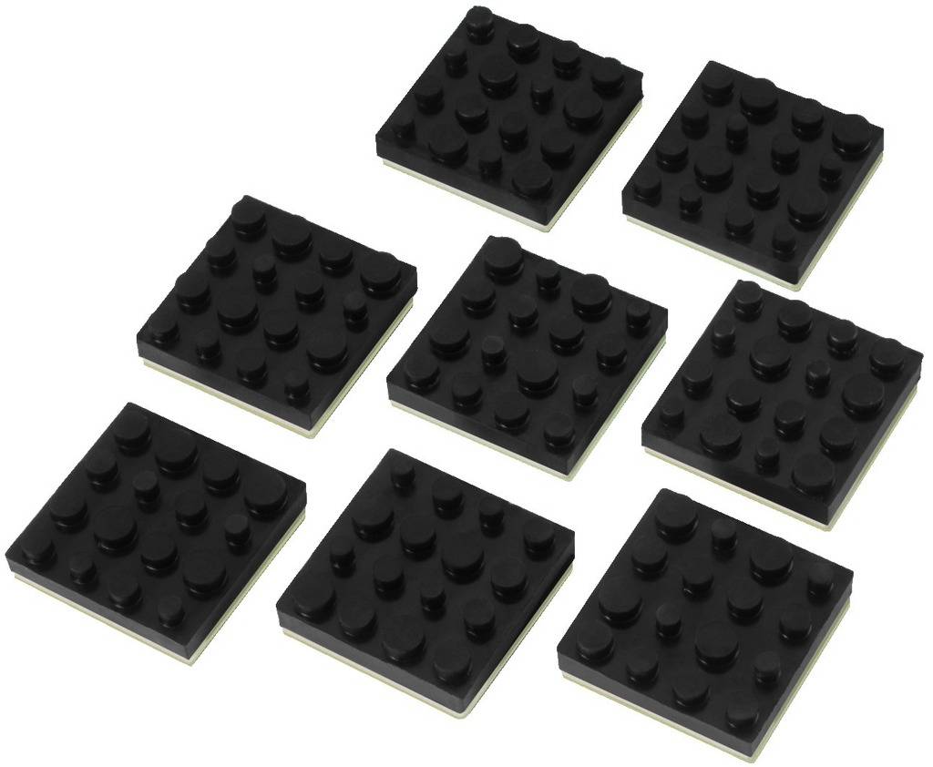 Eight black square building blocks with studs, arranged uniformly.