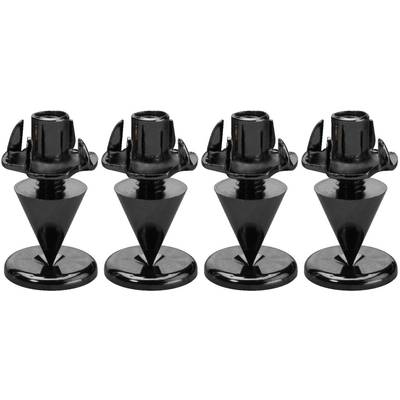 Four black furniture legs with round base and tapered stand, symmetrically arranged in a row.