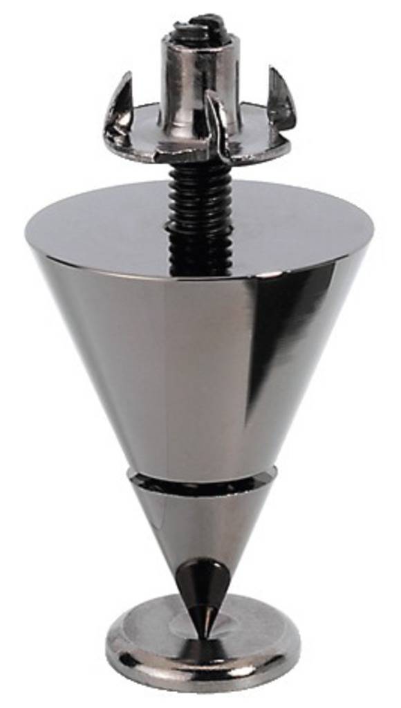 A silver cone with a screw on a round base. The cone is mirror-smooth and has a sharp point at its base.