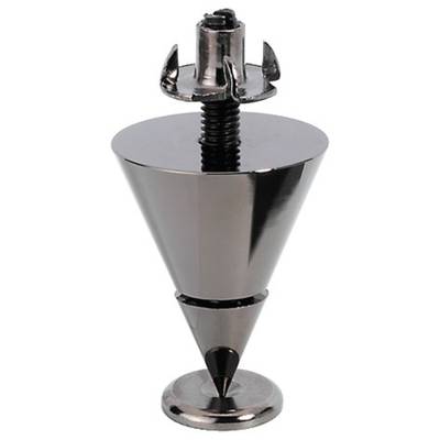 A silver cone with a screw on a round base. The cone is mirror-smooth and has a sharp point at its base.