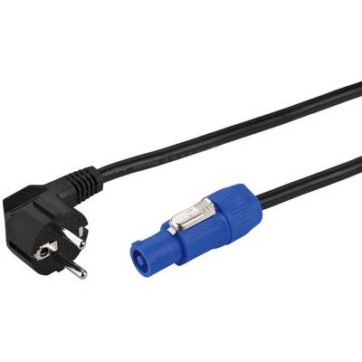 A black network cable with a blue locking plug and a black Schuko plug, suitable for powering devices.