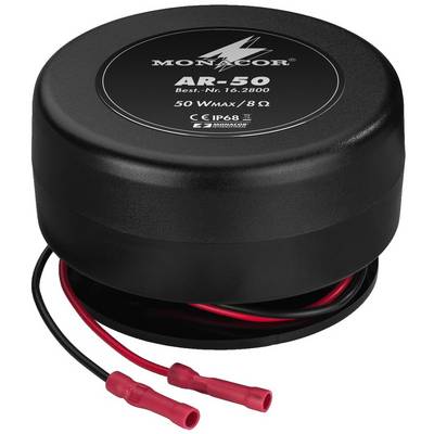 Black speaker with red and black cable. Text on the top surface: 'Monacor AR-50, 50 WMAX, 8 Ohm, IP68'.