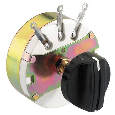 Rotary potentiometer with three terminals and a black turning knob, mounted on a circular metal housing.