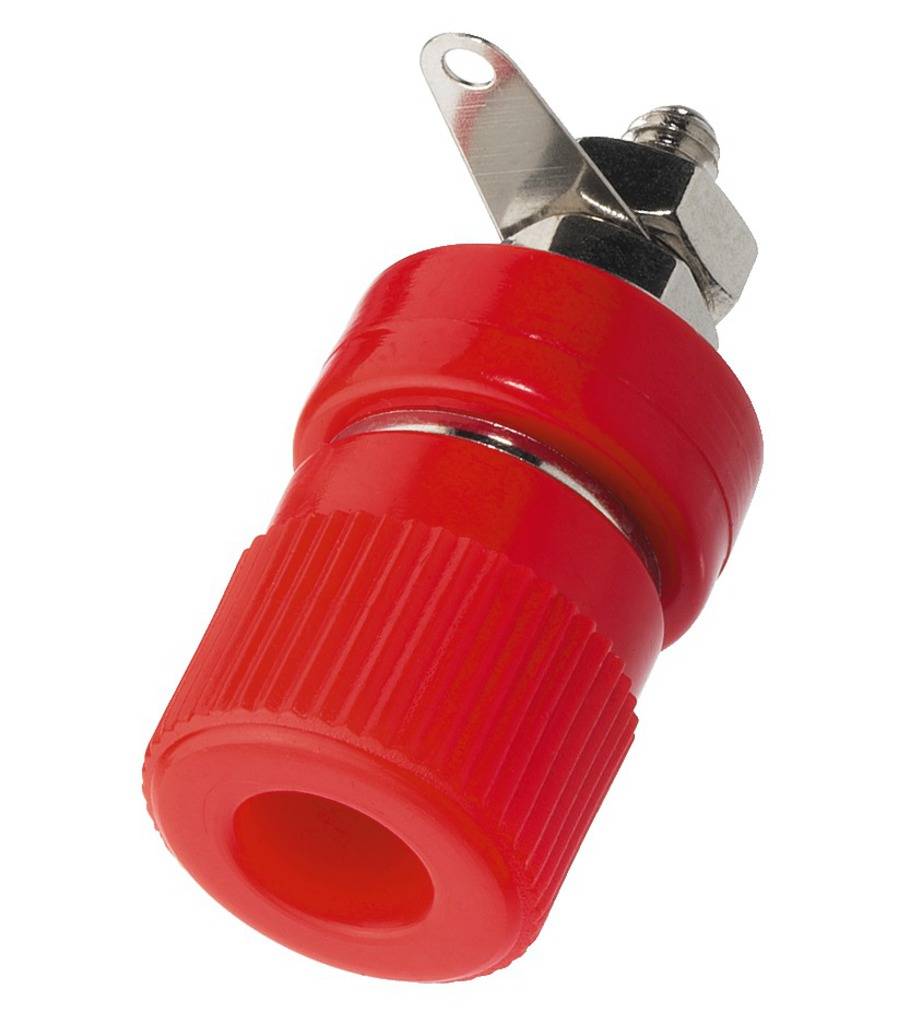 Red banana socket with metal thread and connection aperture, used for electrical connections and measuring instruments.