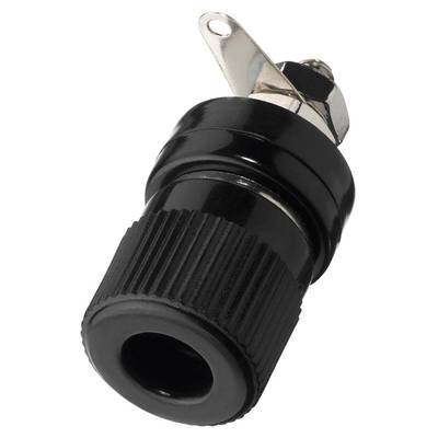 Black banana socket with metal contact and ribbed surface for improved handling. Suitable for electrical connections.