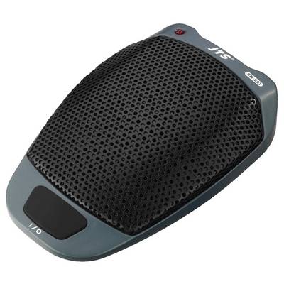 A black conference microphone with a grey housing and a power on/off switch on the front.