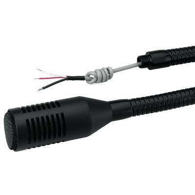 A black microphone with a flexible neck and open cable end, suitable for audio recordings or sound reinforcement systems.
