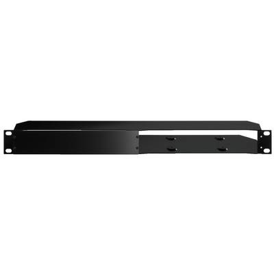 Black metal blanking panel for a 19-inch rack mounting, closed on the left and open on the right for installations and modifications.