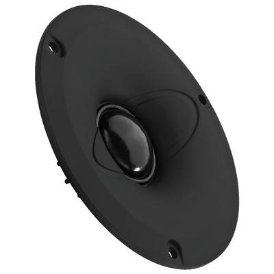 A black, round loudspeaker driver with a central dome and mounting holes around the edges, used for sound output.