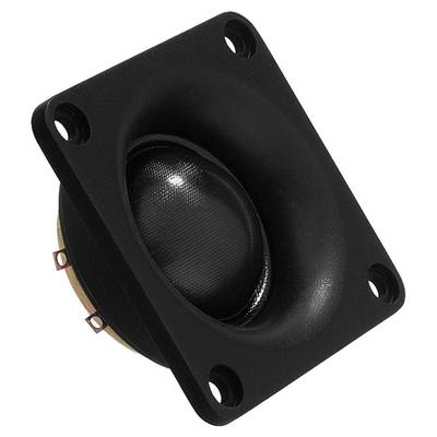 A black speaker tweeter in a square mounting bracket with four screw holes, depicting audio components.