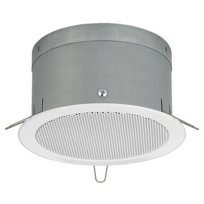 A round, silver-coloured ceiling speaker with a white grille and mounting brackets. Suitable for integrated audio installations.