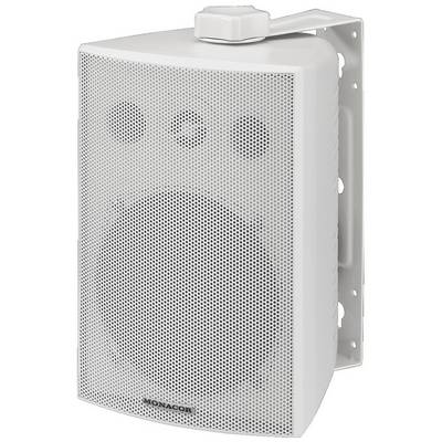 A white speaker with a rectangular shape and rounded edges. It is mounted on a bracket.