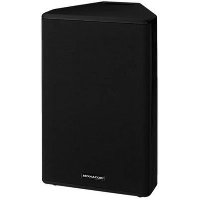 Black loudspeaker with angled design, Monacor logo visible at the bottom, suitable for professional audio applications.