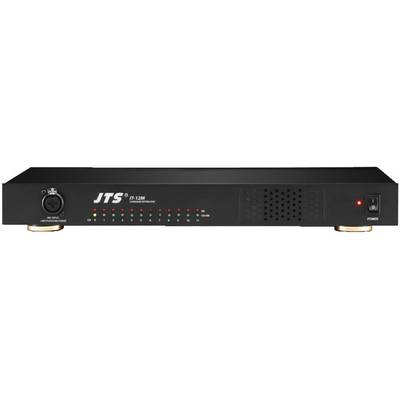Black audio component housing with 'JTS' inscription, multiple indicator lights and a power switch on the right-hand side.