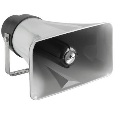 Grey loudspeaker with rectangular aperture and mounting bracket. Suitable for outdoor installations or events.